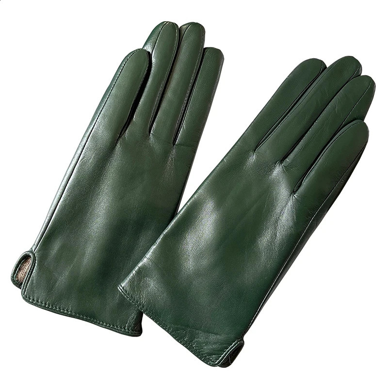 Womens elegant leather wool lining winter goat skin touch screen casual cycling warm short gloves 241105