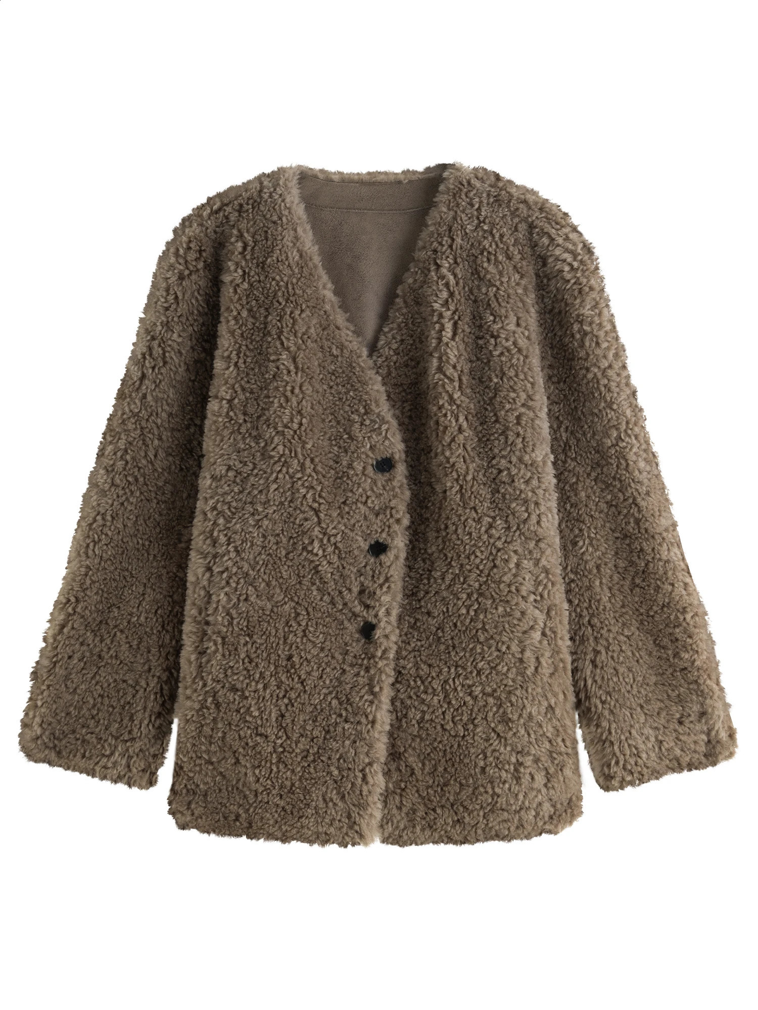FSLE 100% Wool Women Khaki VNeck Warm Jackets Gentle Winter Loose Coats DoubleFaced Fur Dark Coffee Coat 24FS14508 241104