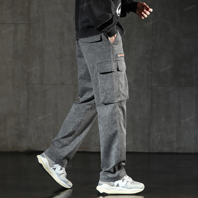 OUSSYU Clothing Mens Cargo Pants Cotton Solid Color Work Wear Wide Korean Multi Pocket Jogger Trousers Male Plus Size 241106