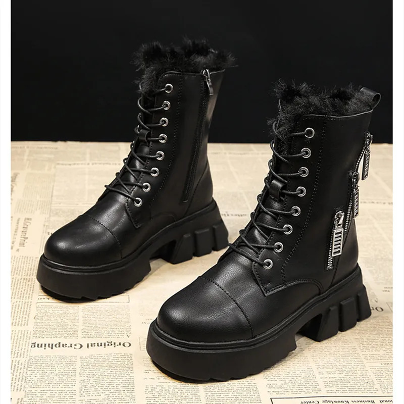 Women Snow Beige Plush Warm Fur Causal Boots Shoes Sneakers Ankle Booties Platform Thick Sole Lace Up Winter Shoes2025