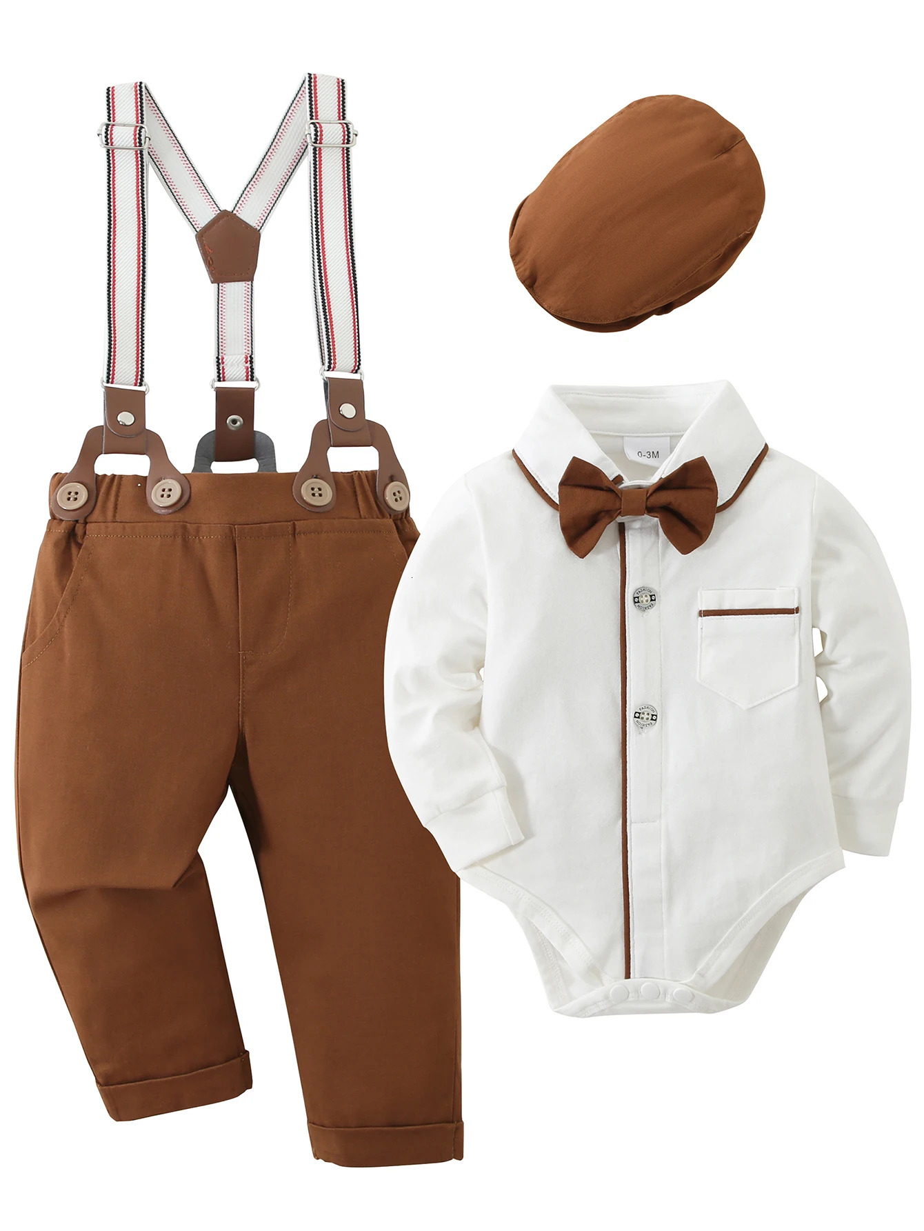 Baby Boy Clothes Infant Boy Gentleman Outfits SuitDress Shirt Suspender Pants Bowtie Beret Hat Wedding 241106