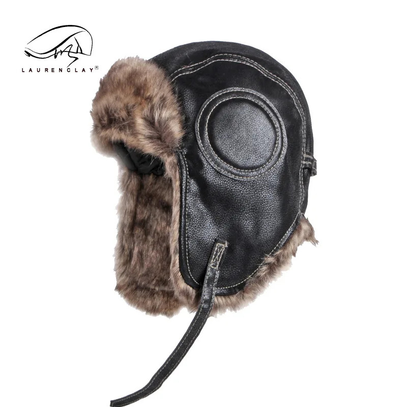 Russian Hunter Soviet Ushanka Bomber Hat Knitted Leather Earrings Fur Lining Mens Winter Hat 241106