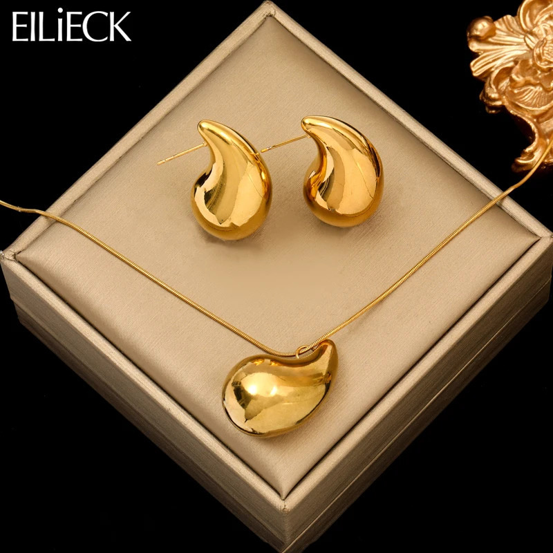 EILIECK 316L Stainless Steel Gold Color Water Drops Necklace Earrings Trendy For Women Party Gift Waterproof Jewelry Set 241106