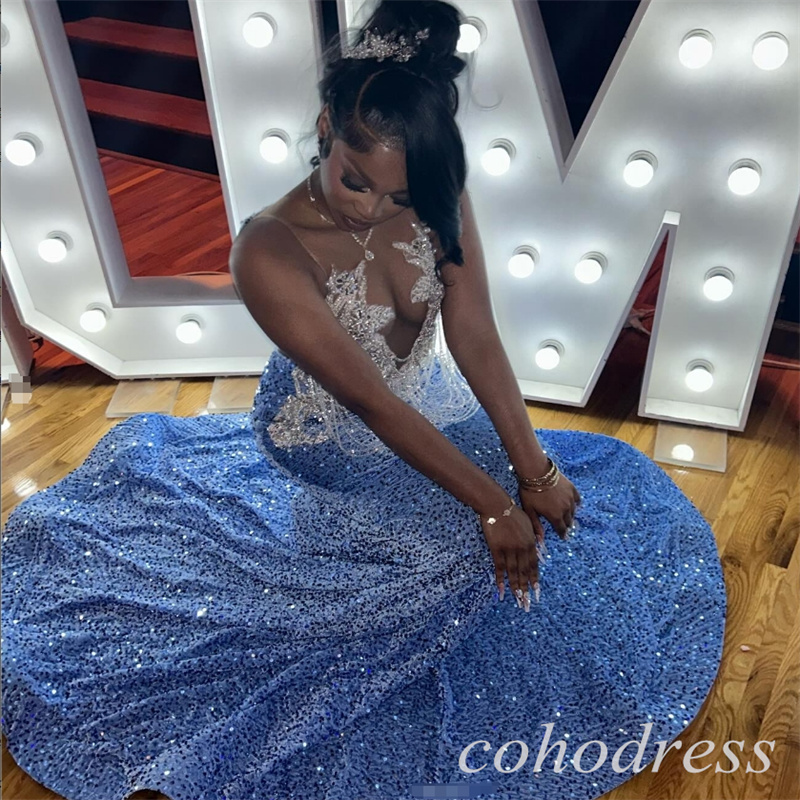Amazing Blue Prom Dresses For Black Women Sparkly Sequin South African Mermaid Evening Dress Sequin Beaded Plus Size Birthday Dress Open Back Formal O