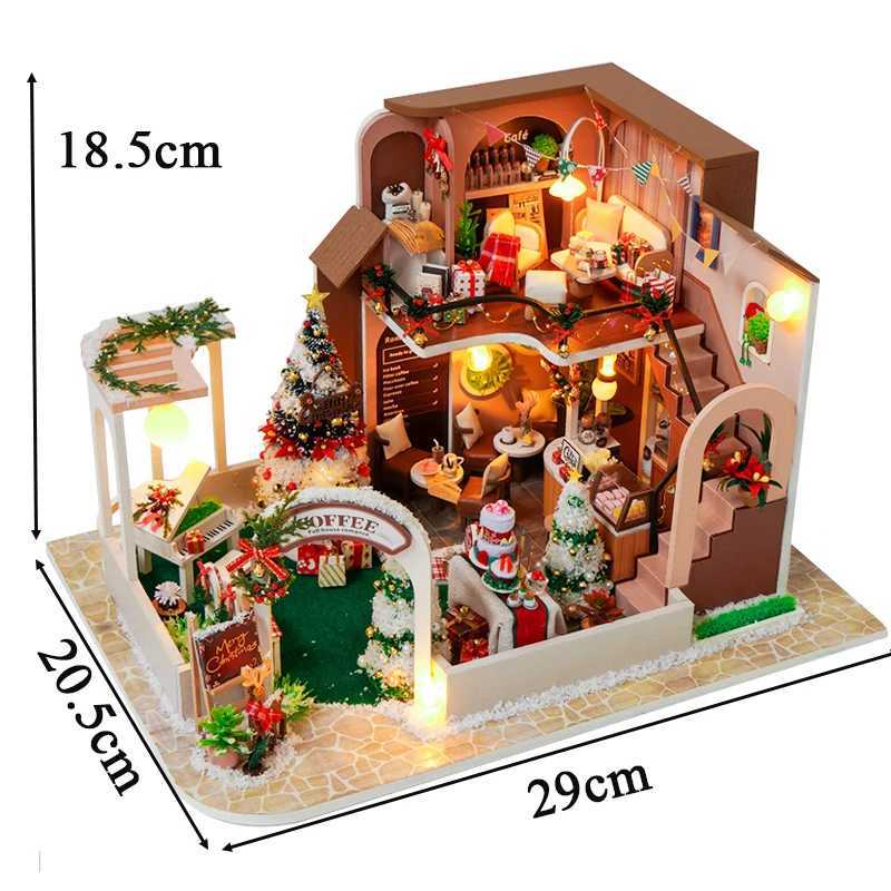 Architecture/DIY House DIY Wooden Doll Houses Christmas Coffee Shop Casa Miniature Building Kit Villa Dollhouse with Furniture Led Light for Girls Gif