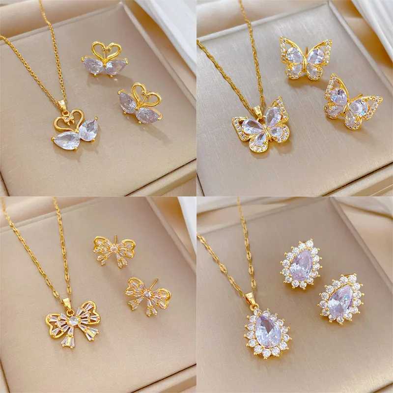 Light Luxury Swan Zircon Jewelry Set Stainless Steel Pendant Necklace Earrings Party Gift X241106