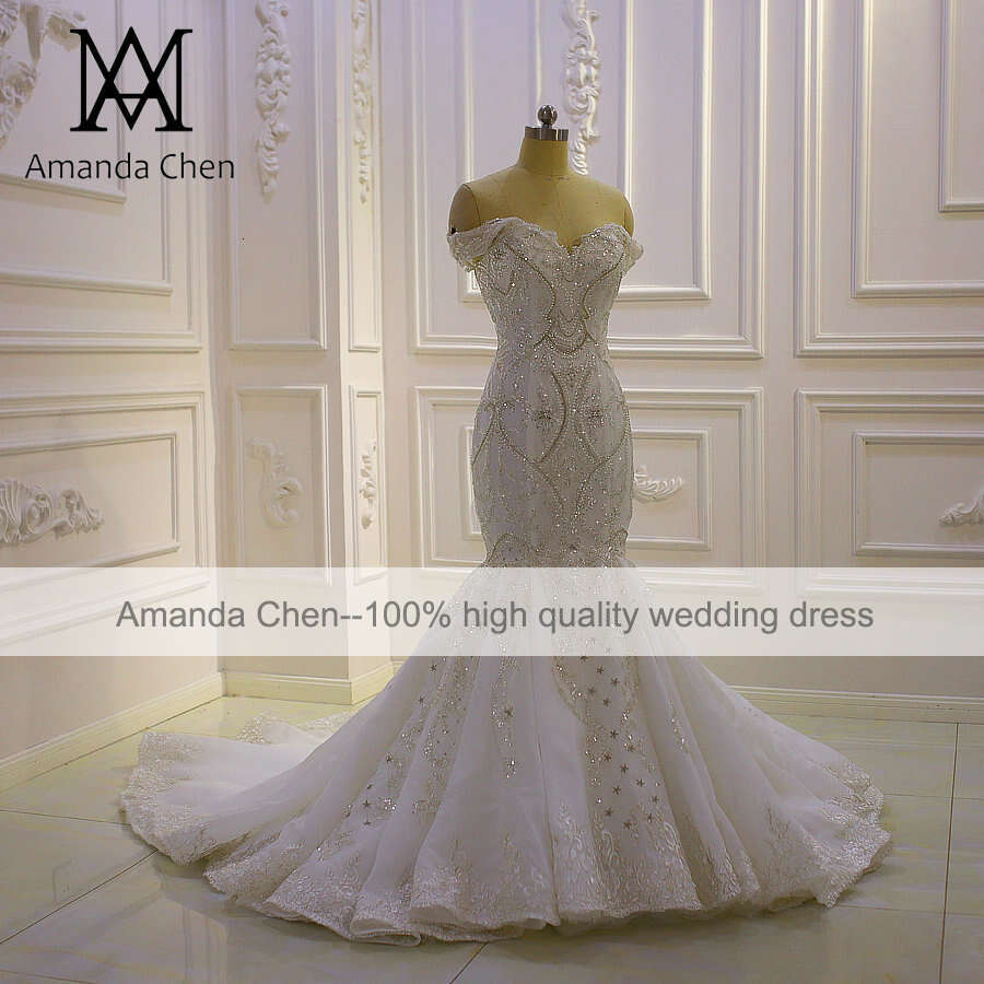 Off Shoulder Lace Appliqued Crystal Beads Mermaid Wedding Dress