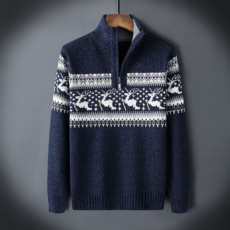 Men Autumn New Casual Jacquard Warm Half Zip Christmas Sweater Cardigan Jacket Men Winter Vintage Mock Neck Sweater Pullover Men 210930