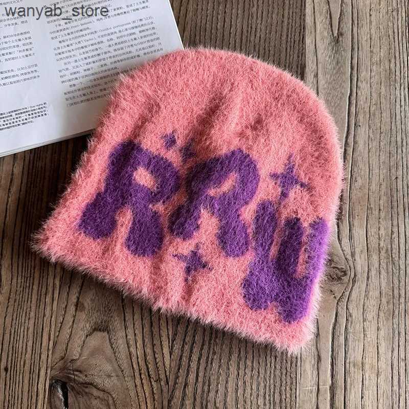 Wide Brim Hats Bucket Hats Y2K Jacquard Beanies Letter Beanies Man Fluffy Plush Caps for Men Women Auutmn Winter Edgy Knit Hip Hop Keep Warm Ear Caps 