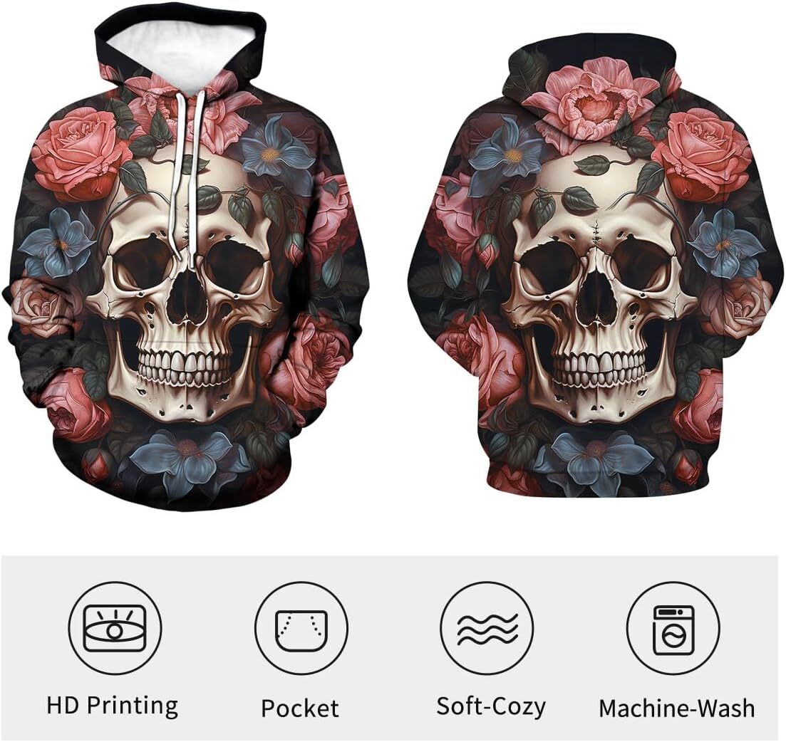 Hoodie for Mens Womens Retro Psychedelic Floral Skull Print 3D Printing Skeleton Sweatshirts Pullover Graphic Fashion Trends