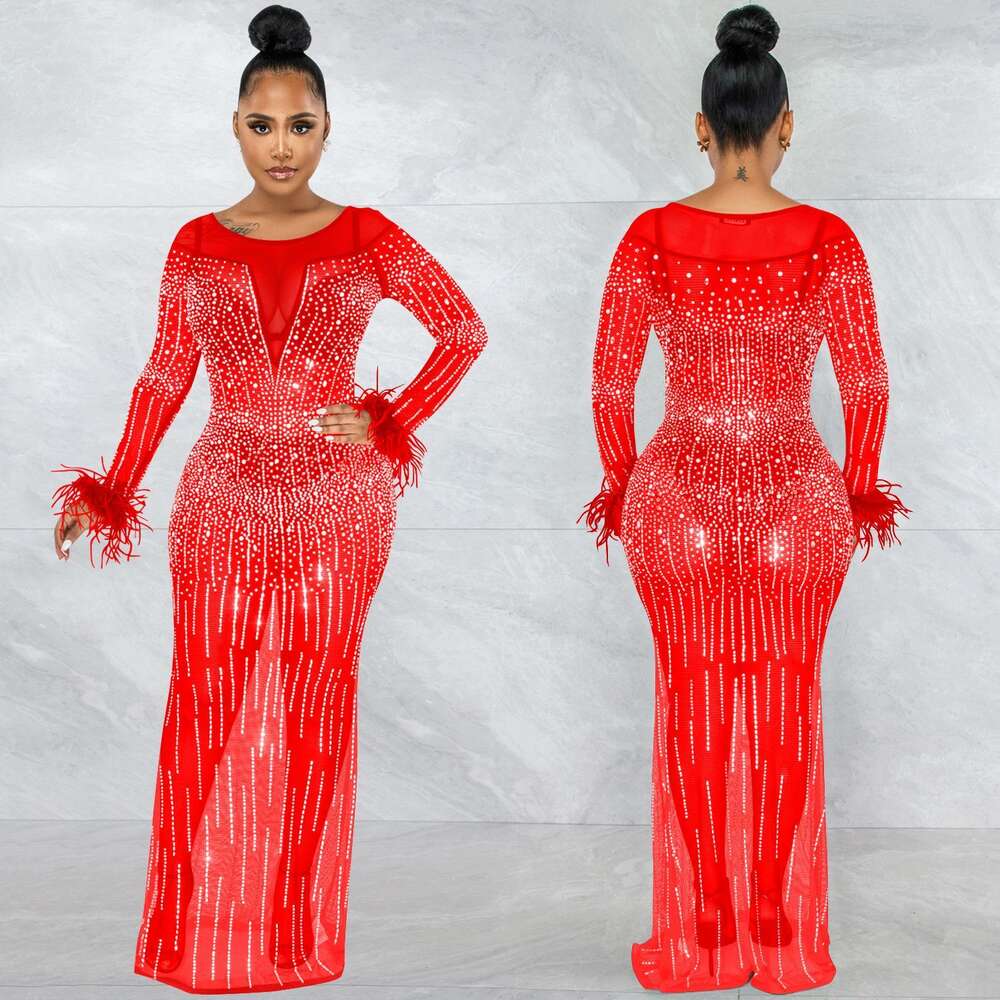 Fashion Nightclub Party Hot Diamond Women's Clothing Mesh Perspective Sleeve Long Dress Women F4685