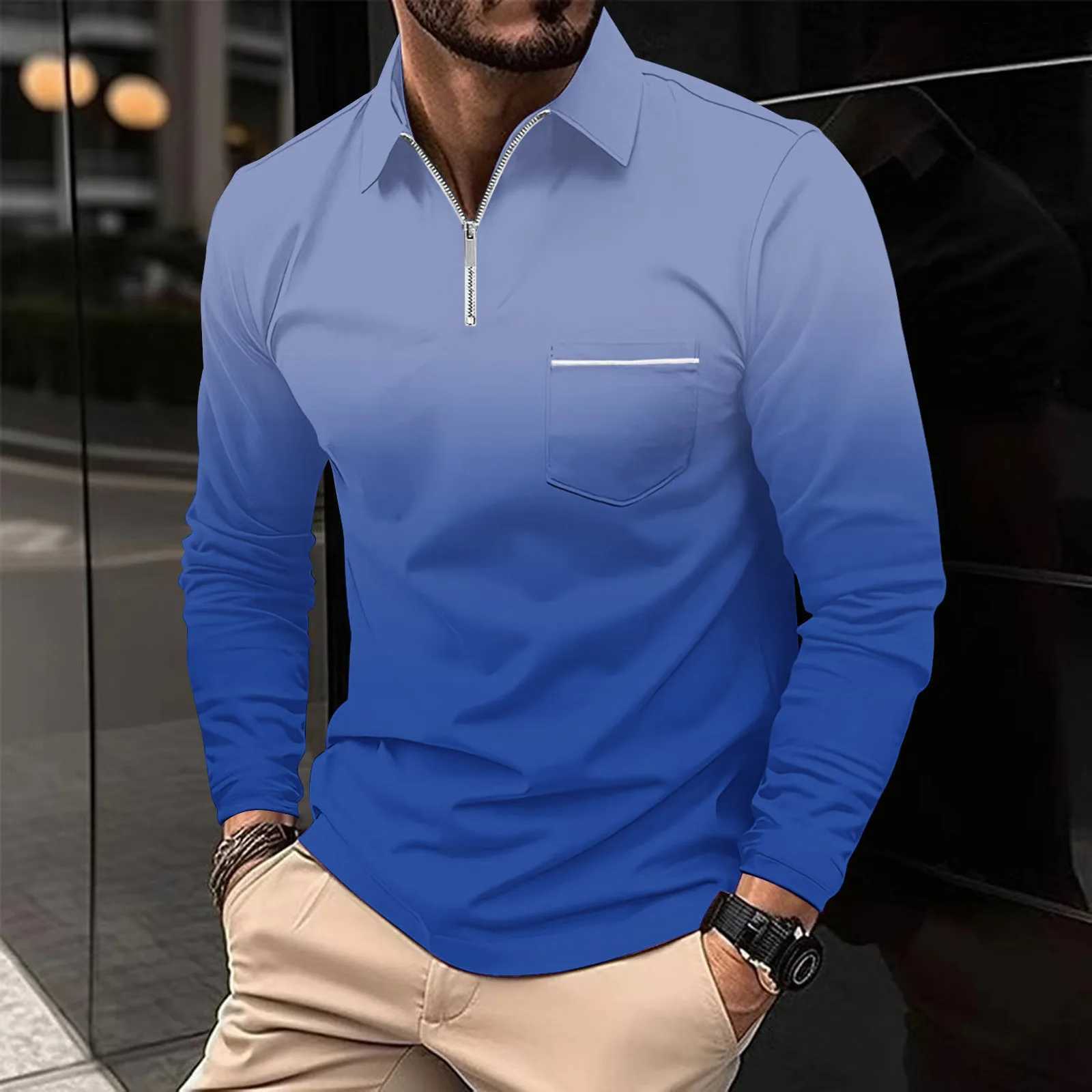 Spring and Autumn Mens Sports Long Sleeve Sve Collar Colorful Shirt Quty Slim fit Knitted Zipper Pocket Shirt W241106