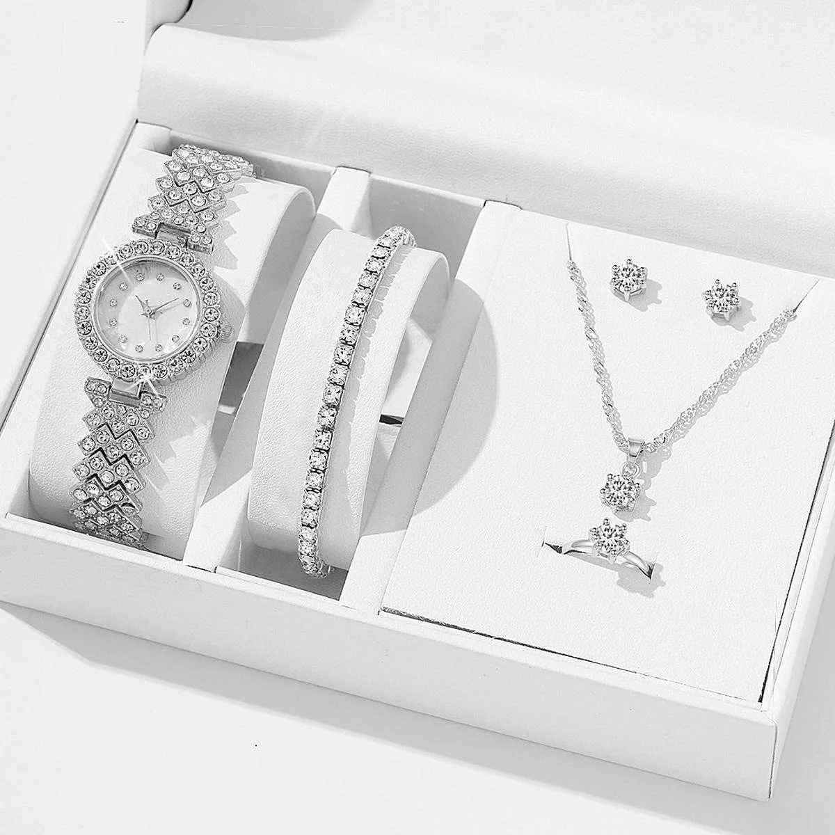 Luxury watch necklace earring bracelet set silver leather strap ladies quartz watch no box X241106