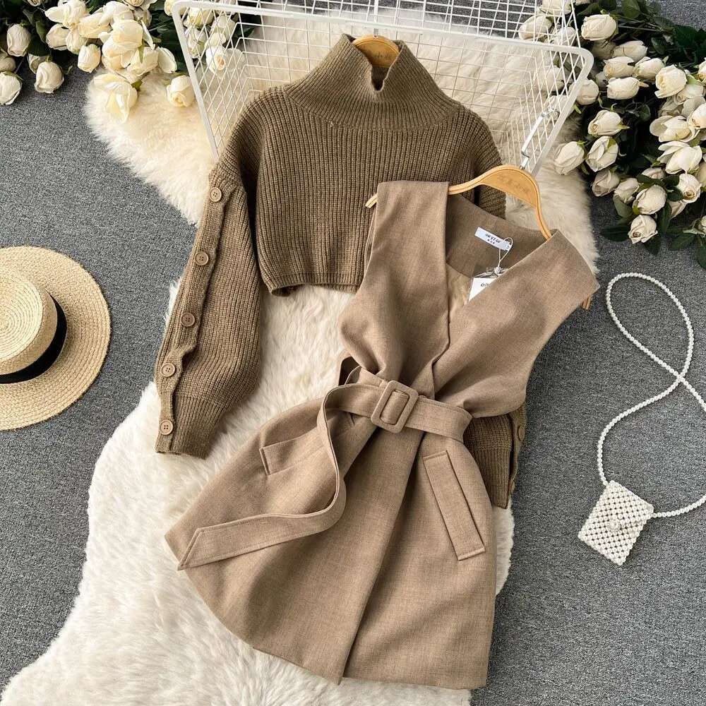 2022 New Winter Cropped Sweatervest Suit Jacket Skirt 2-Piece Set Korean Style Fashionable Elegant Women's Outwear