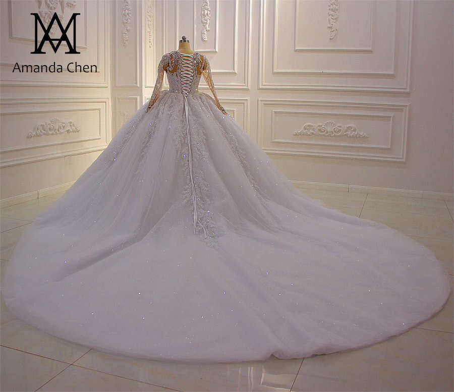 vestido de novia princesa Long Sleeve Lace Applique Rhie Crystal Pure White Wedding Dress