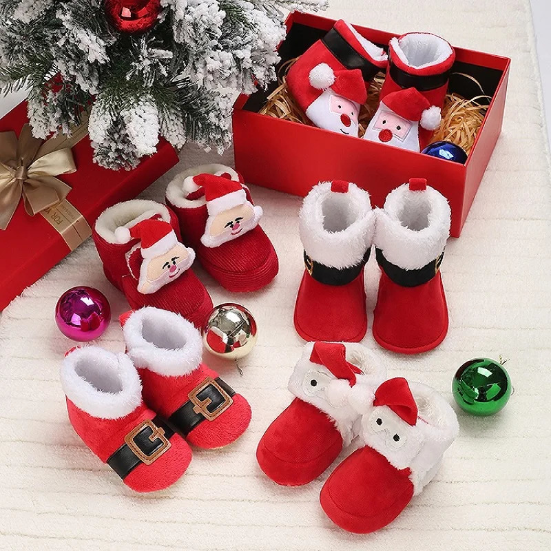Cute wool slippers for babies aged 0-18 months soft anti slip Christmas boots for toddlers and boys winter reindeer Christmas boots 241106