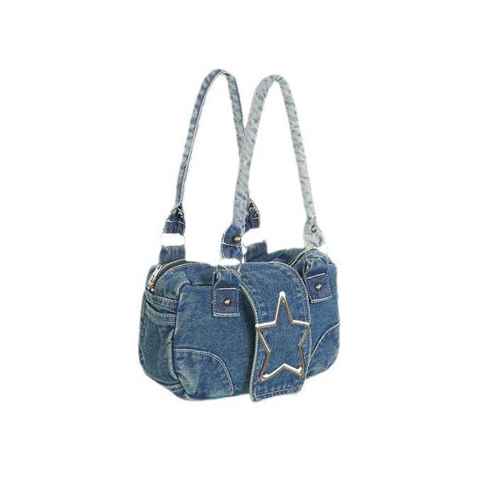 Fashionable metal pointed star decoration denim handbag, women's versatile washable distressed single shoulder armpit bag 241115