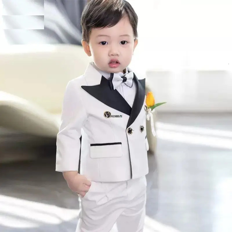 Children White Wedding Suit Prince Kids Jacket Pants Pograph Suit Flower Boys Tuxedo Dress Baby 1 Year Birthday Dress Costume 241106