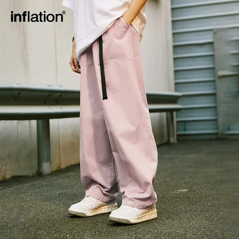 INFLATION Pink Wide Leg Pants Mens Slacks Elastic Waist 100% Cotton Trousers Unisex Straight 241104