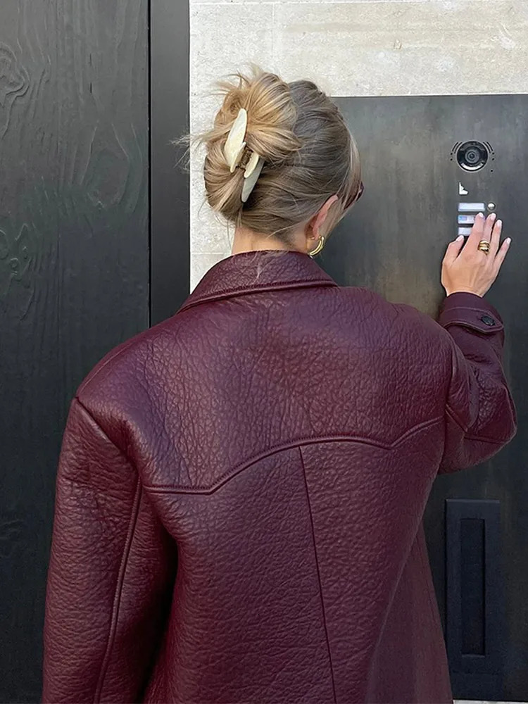 Fashion Double Breasted Burgundy Color Lychee Leather Jackets Women Chic Cropped Oversized Solid Coats Lady High Streetwear 2024 241106