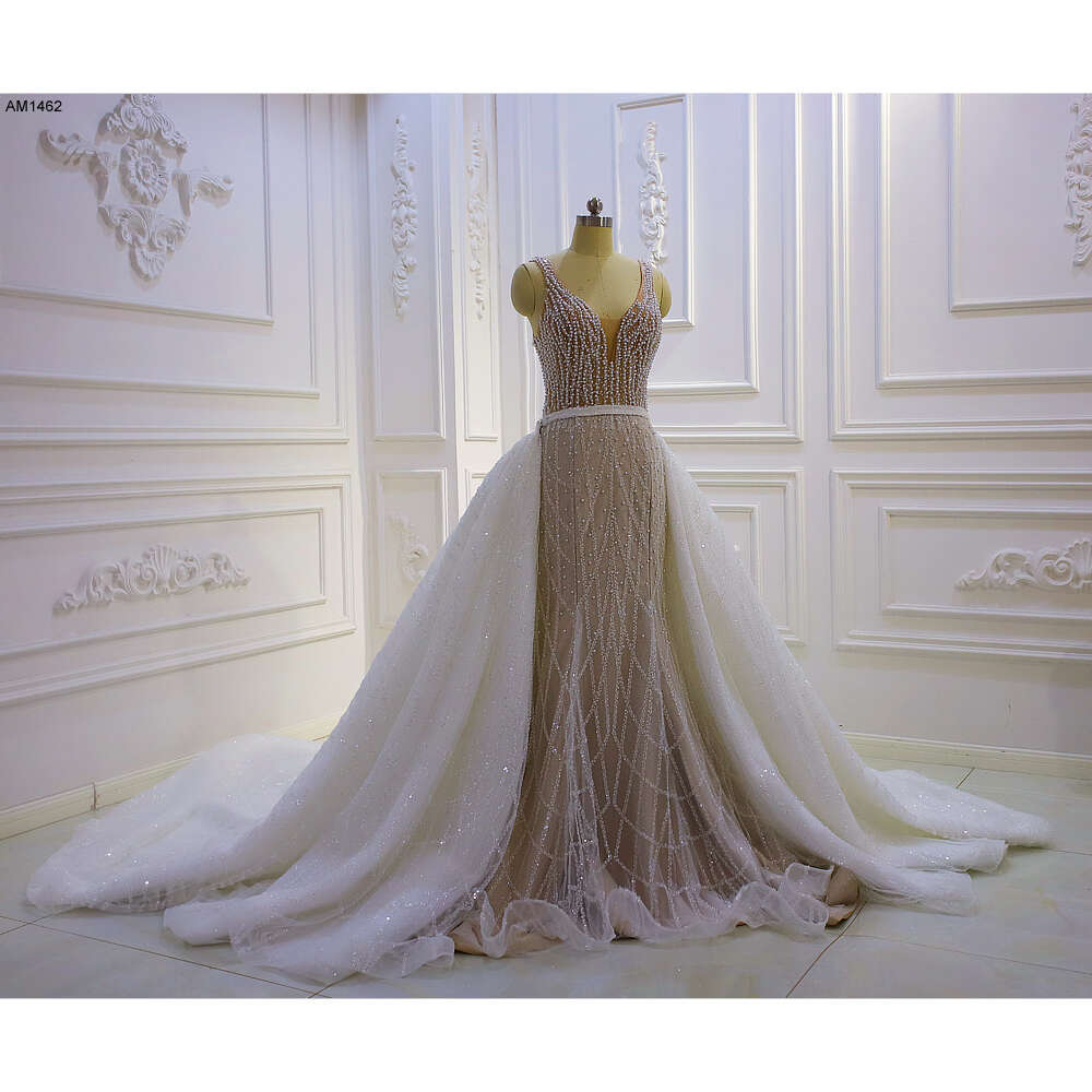 Champagne Spaghetti Straps V-neck 2 In 1 Mermaid Wedding Dress