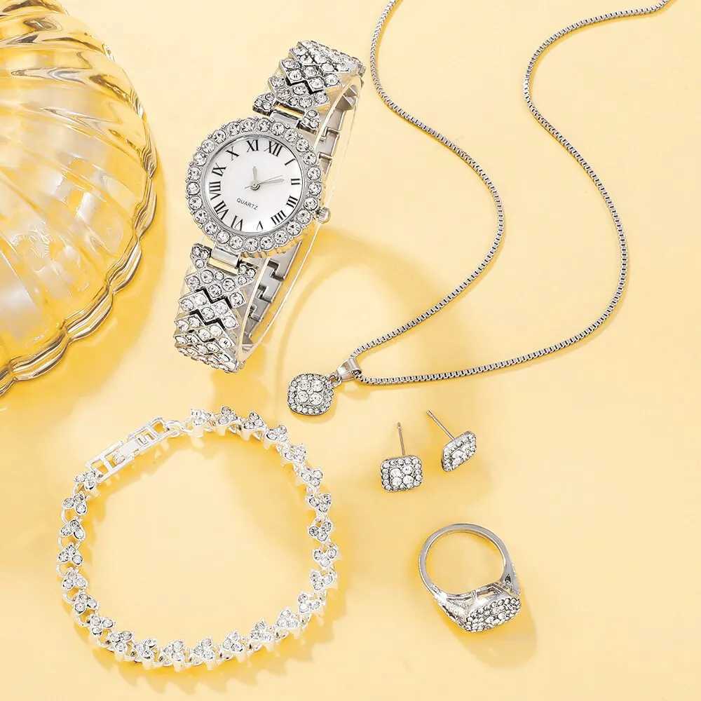 6-piece set of luxury watches necklaces earrings rhinestones fashionable watches womens casual watches gift boxes for womens watches X241106