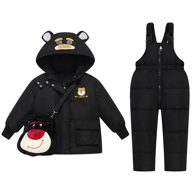 Winter Children Girl 2PCS Snowsuit Set Cartoon Bear Hooded Down Jacket Solid Jumpsuit For Girls Toddler Girl Overalls Suit 241106