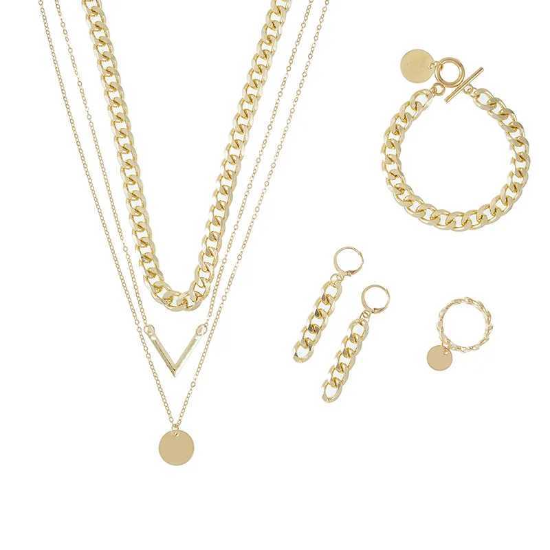 Sn piece set fashionable Mtilayer retro V-shaped necklace used for earrings jewelry aluminum chain bracelet X241106