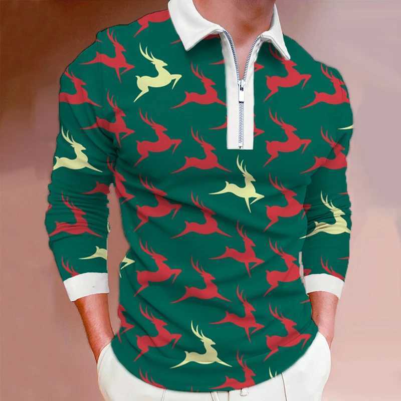 Spring/Summer New Mens Long Sve 3D Digital Printed Christmas Zipper Mens 100% Polyester Fashion Collar Top W241106
