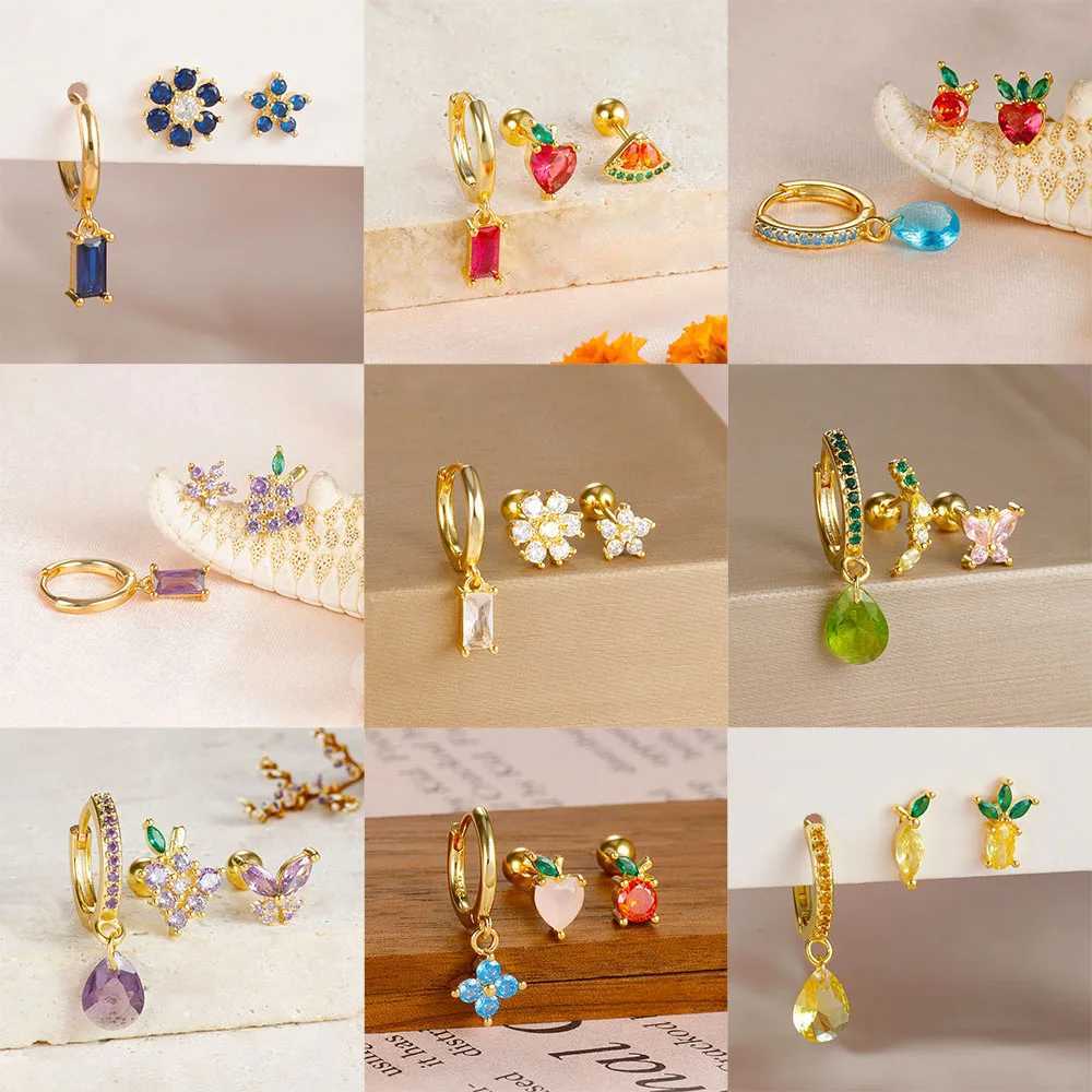 3-piece stainless steel earring set suitable for warm cubic zirconia gold colored square ring earrings perforated jewelry accessories in cardboard box