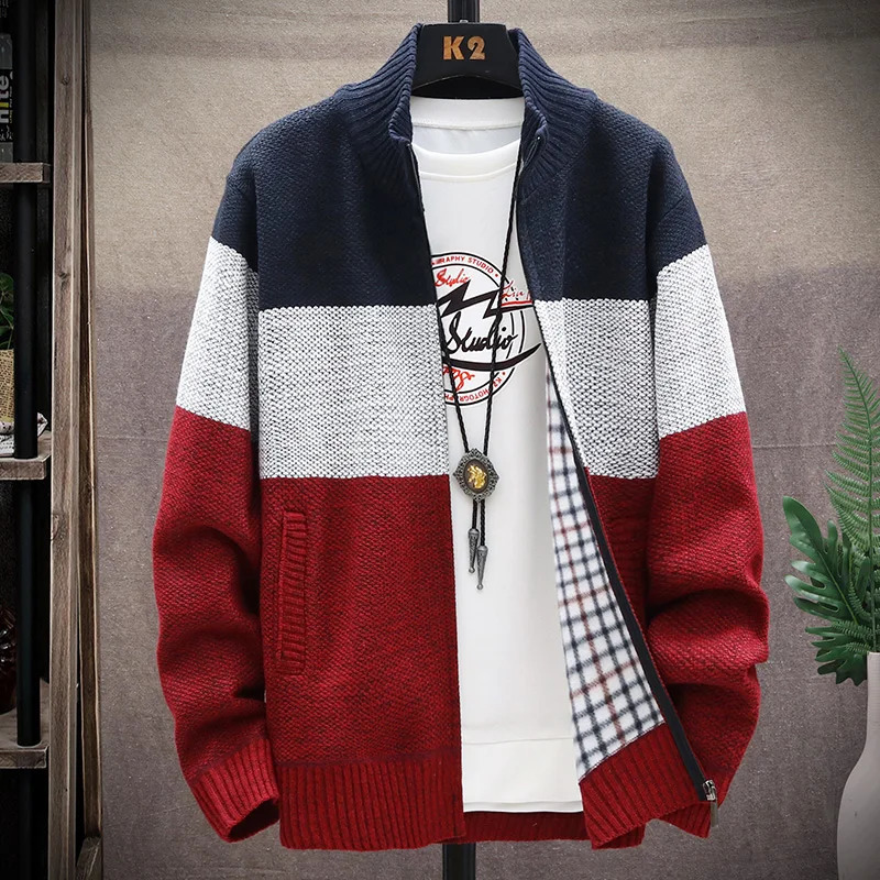 2025 Winter Men Sweater Add Velvet Cardigan Patchwork Color Stand Collar Male Casual Zipper Knitted Thick Warm Sweatercoat 241106