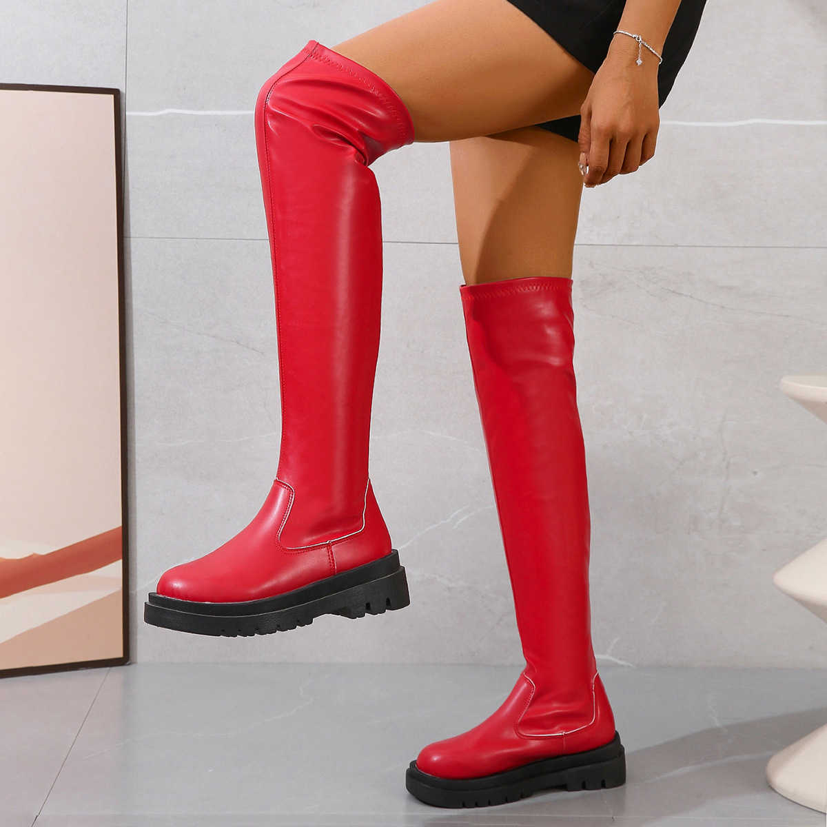 CMM Large Size Autumn Winter Womens Long Boots Thick Soled Knee High Boots Slim and Tall Elastic Boots Boots 43