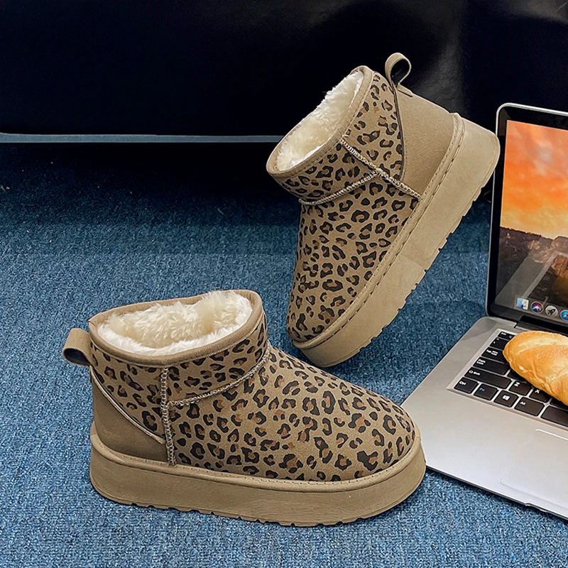 Platform Snow Ankle Boots Leopard Women Warm Cotton New Fashion Winter Casual Flats Shoes 2025 Trend Suede Plush Botas