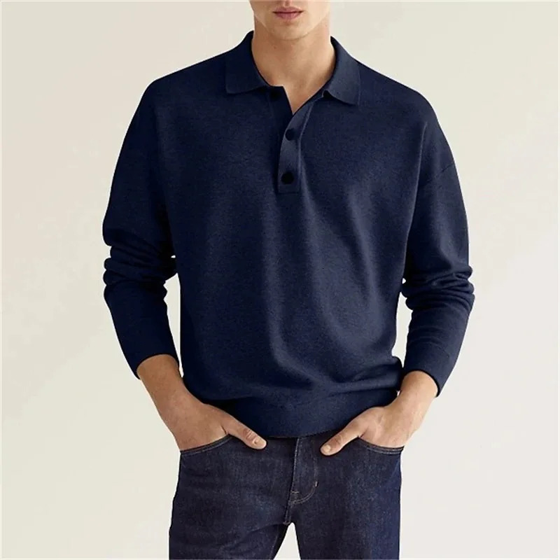 Summer solid color breathable casual Mens Polo shirt long sleeve loose business T-shirt Mens Fashion clothing 241106