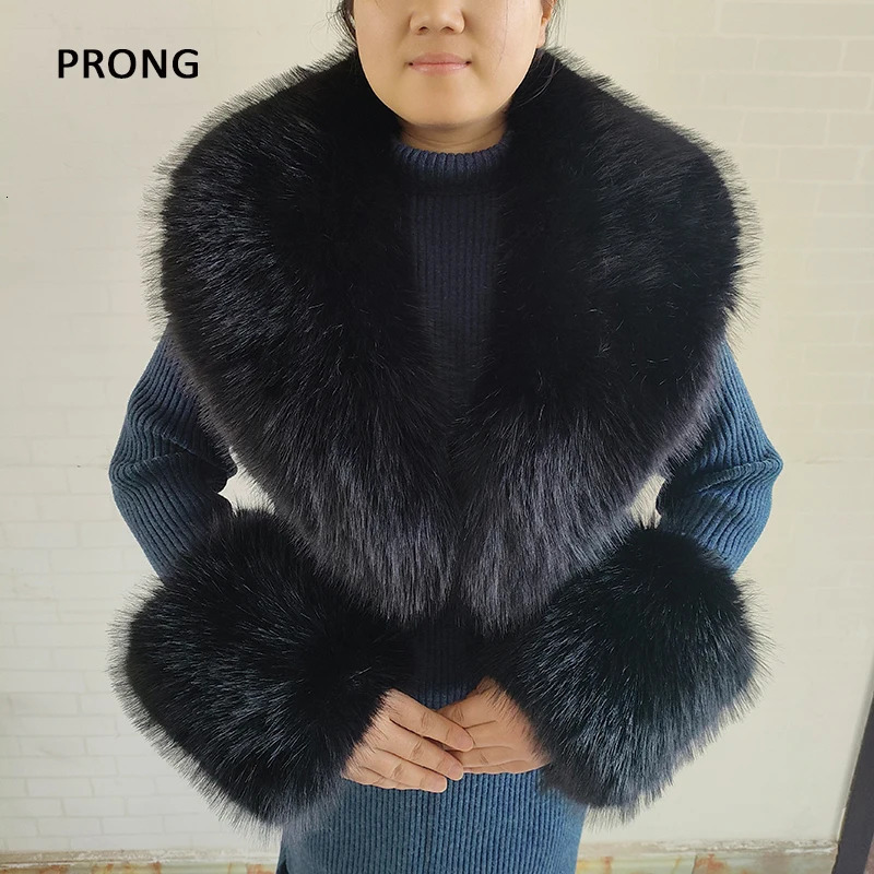 Artificial fur collar and cuff set for womens winter coat artificial fur large collar fluffy fake fox fur scarf collar warm scarf shawl 241106
