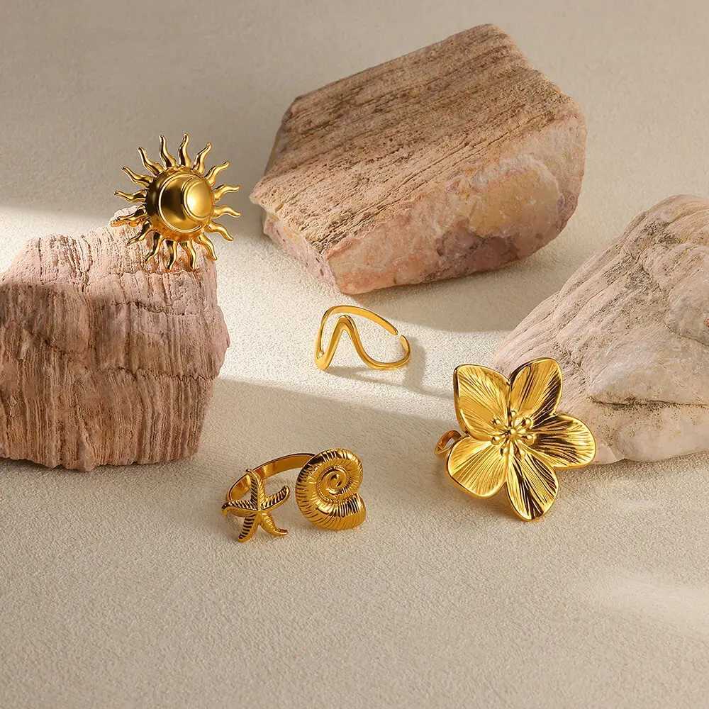 Elegant stainless steel Blo wreath suitable for gold colored sun starfish open rings finger jewelry weddings and punk gifts X241106