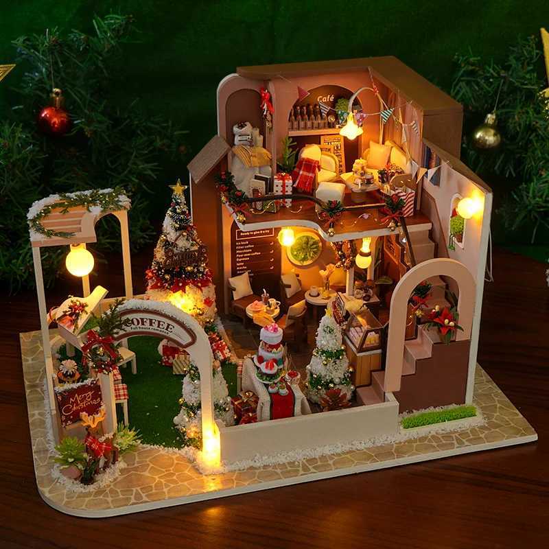 Architecture/DIY House DIY Wooden Doll Houses Christmas Coffee Shop Casa Miniature Building Kit Villa Dollhouse with Furniture Led Light for Girls Gif