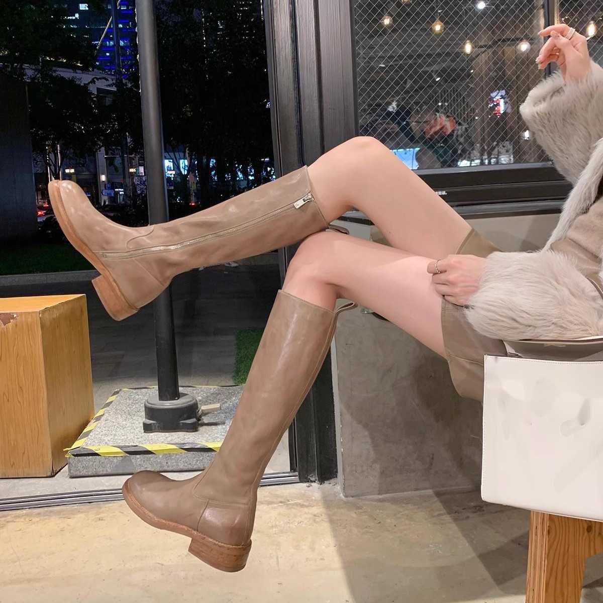 CMM Full Horse Leather Round Head Thick Heel Increased Height Mid Barrel Knight Boots Womens Autumn and Winter