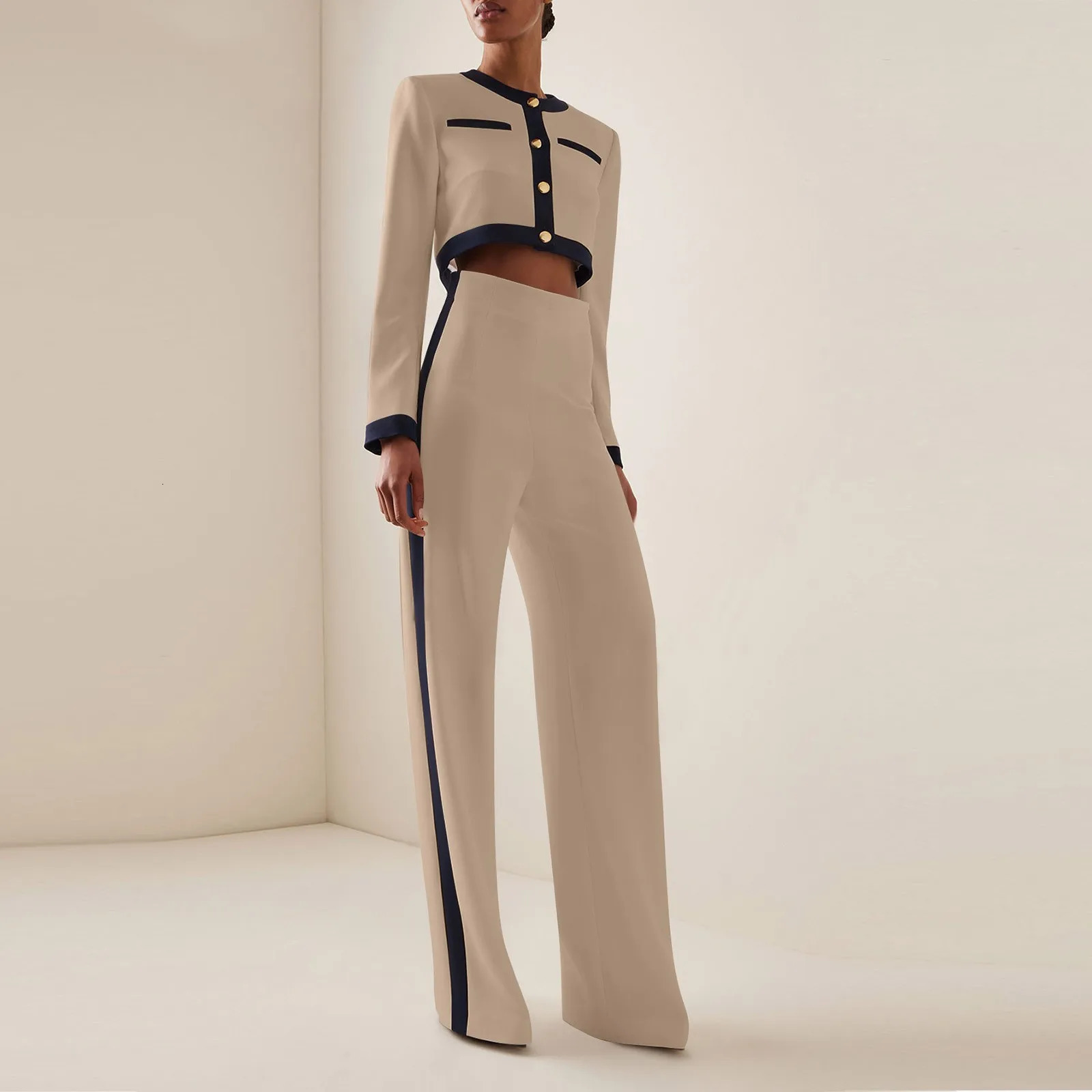Traf Mujer WomenS Fashion Casual Splicing Round Neck Single Breasted Long Sleeve Top Pants Set Clothes For Women 241105