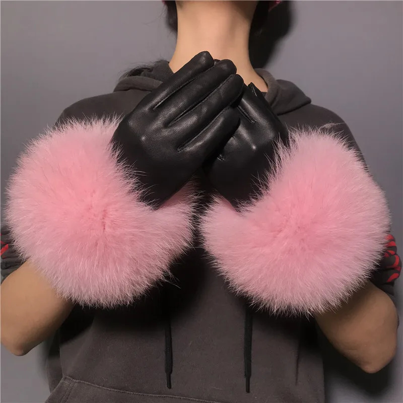 JxWatcher Wholesale Fox Fur Gloves Winter Womens Style Warm Sheepskin Leather Gloves Driving Thick Gloves 241106
