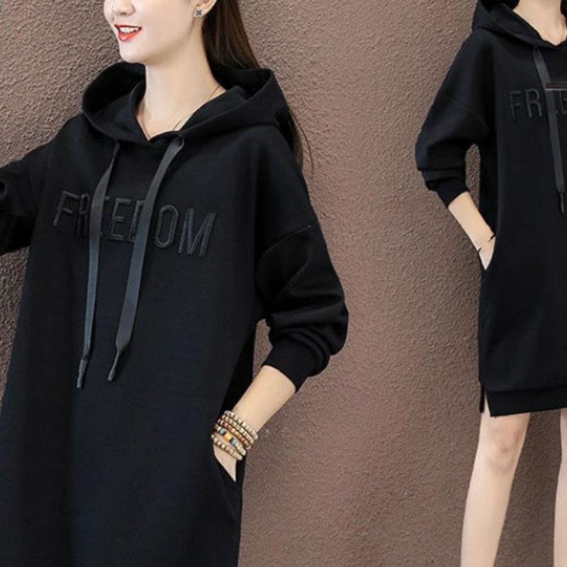 New designer thickened plush hooded medium-sized women's clothing Korean version loose long sleeved multifunctional hooded dress slim and fashion