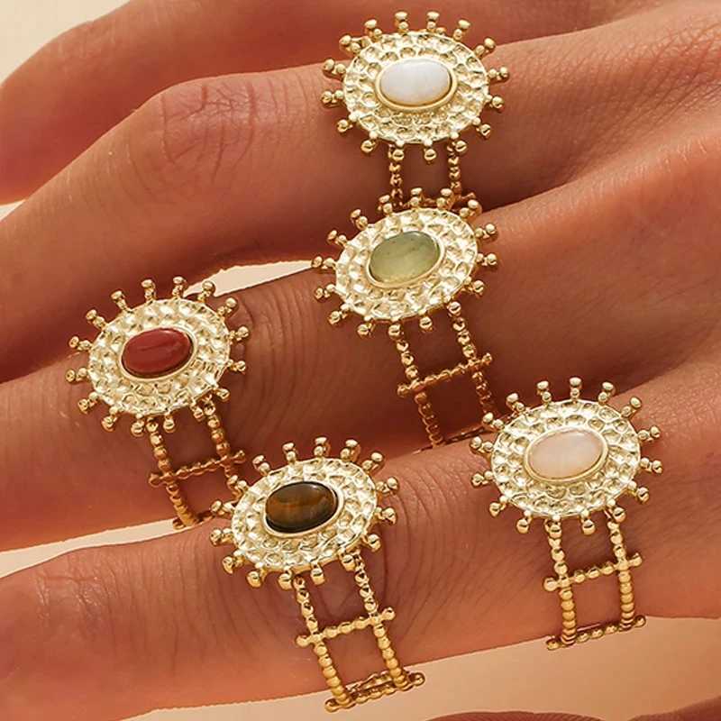 Bohe colored natural stone ring used for warm stainless steel gold-plated Suower hollow adjustable open ring jewelry gifts X241106