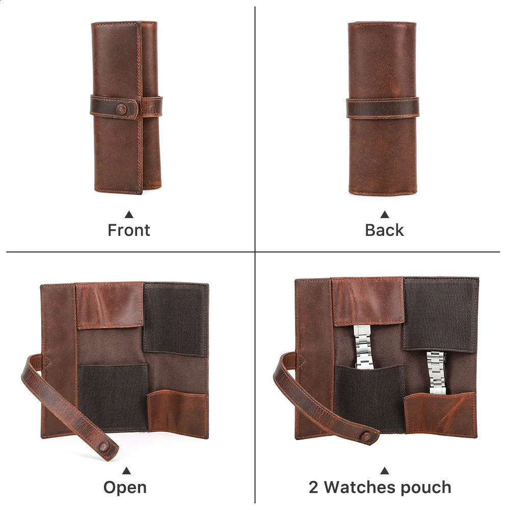 Full grain oil leather 2-groove watch roll storage adjustable shell portable travel watch bag metal buckle ultra-fine fiber lining 241105