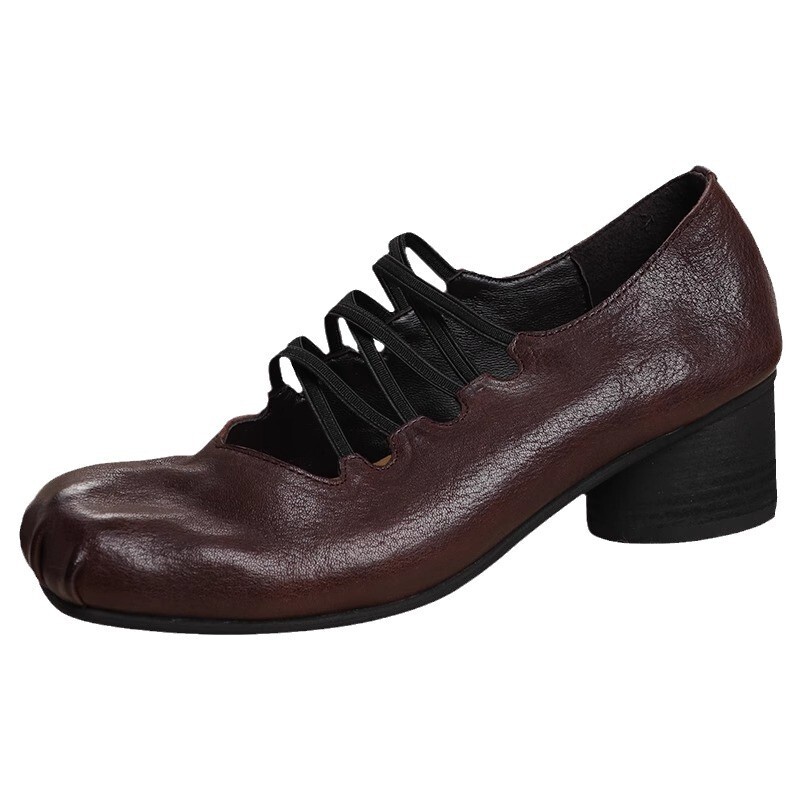 2024 Spring and Autumn New Small Leather Shoes with Square Head, Cross Strap, Wrinkle, Thick, Medium, Single order Shoes for Women