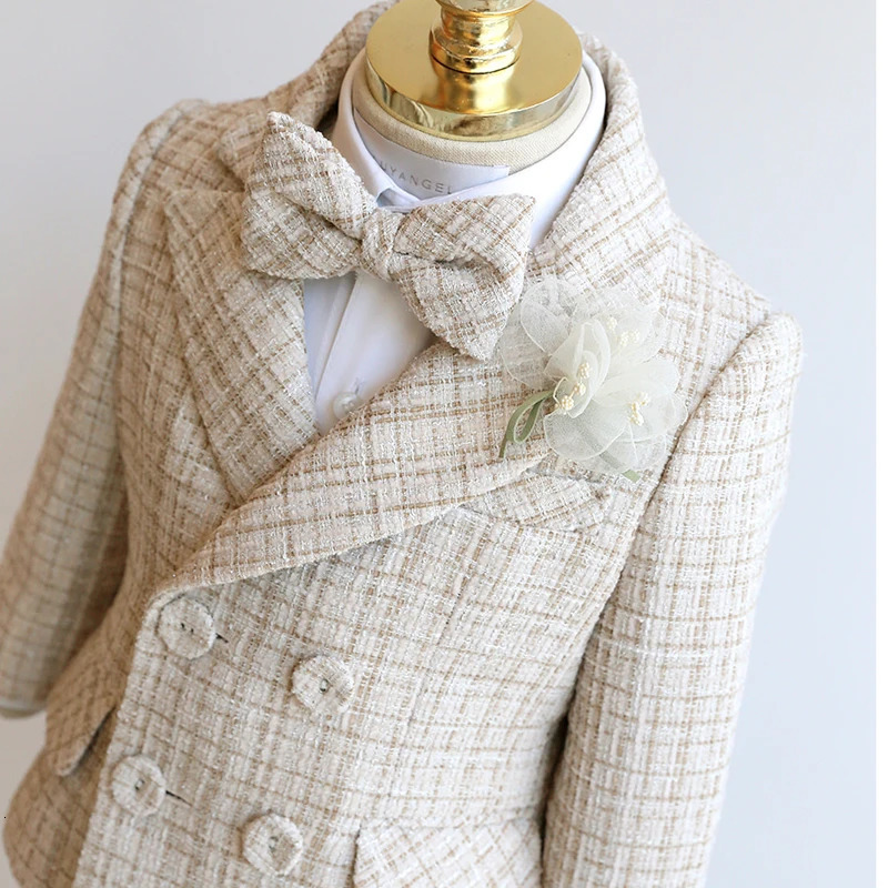 Childrens Houndstooth Formal Suit Set Boys Wedding Birthday Party Champagne Costume Kids Double Breasted Blazer Pants Clothes 241106