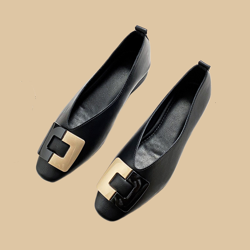 Low color blocked buckle for women's autumn new versatile coarse heel French grandma square toe shallow mouth flat sole single shoes