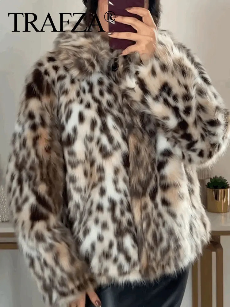 TRAFZA Women Leopard Print Faux Fur Coat Button Long Sleeve Jacket Winter Warm Outerwear Female Fashion High Street Y2k Coats 241104