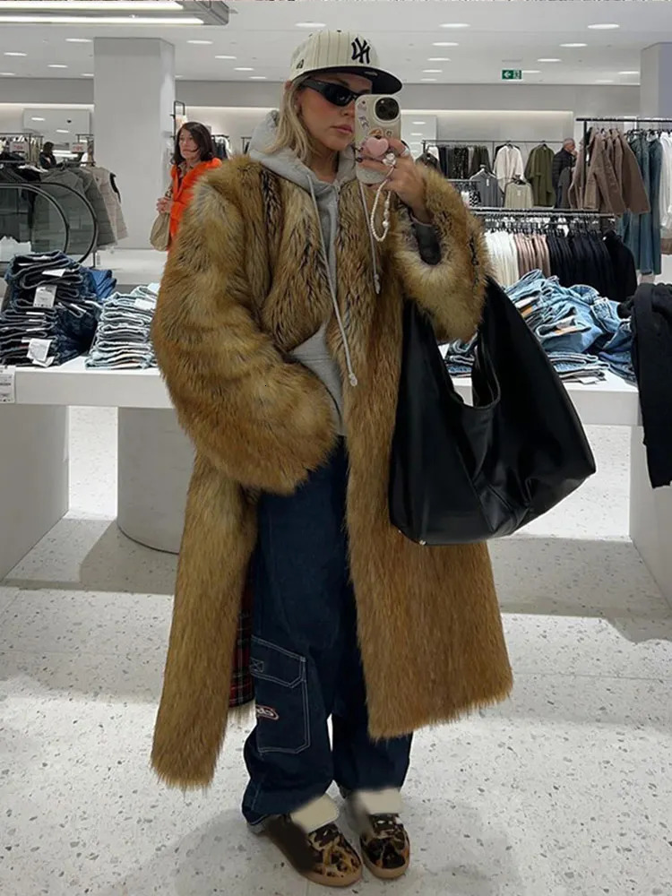 Women Fashion Lapel Gradient Mixed Fur Jacket Chic Long Sleeve Pocket Warm Maxi Coat Autumn Winter Lady Highstreet Outwear 241104