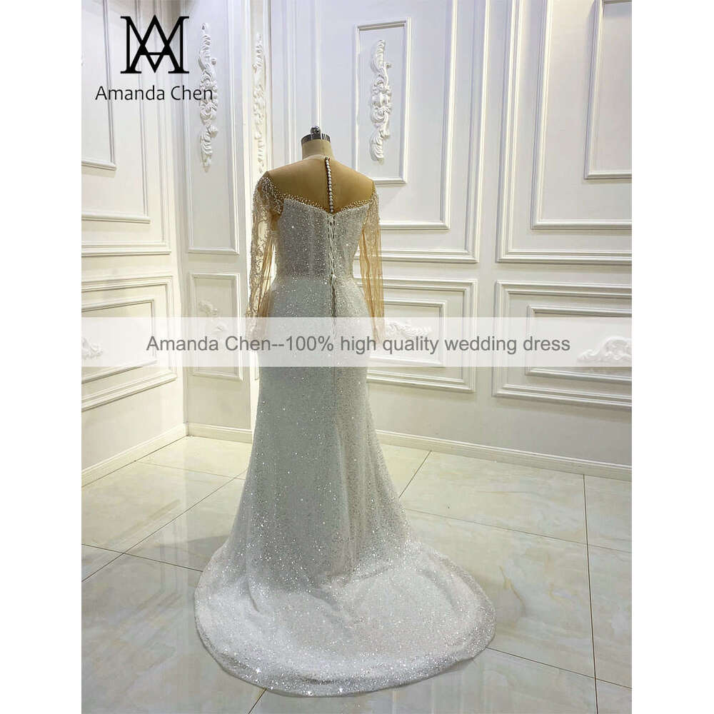 robes de mariage Long Sleeve Pearls Handwork Low Cut Wedding Dress