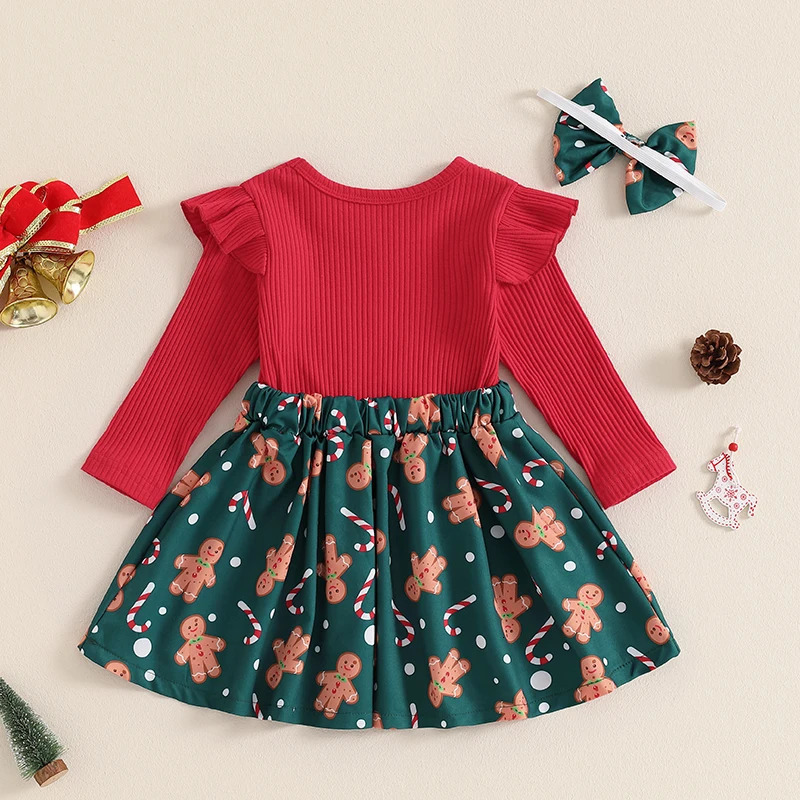 Toddler Baby Girls Christmas Skirt Set Plaid Gingerbread Man Bow Long Sleeve Ribbed Ruffled Overall Dress Headband 2Pcs Outfit 241106